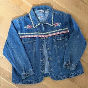Bill Blass Blue Denim Jacket with Embroidered Floral Design